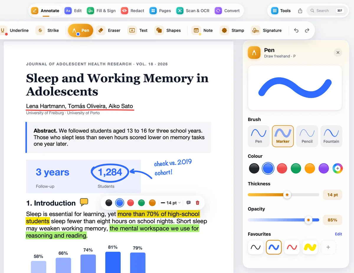 Design preview: a research paper in PDF Opus with yellow and green highlights, a blue pen circle and a handwritten note, next to the pen panel.