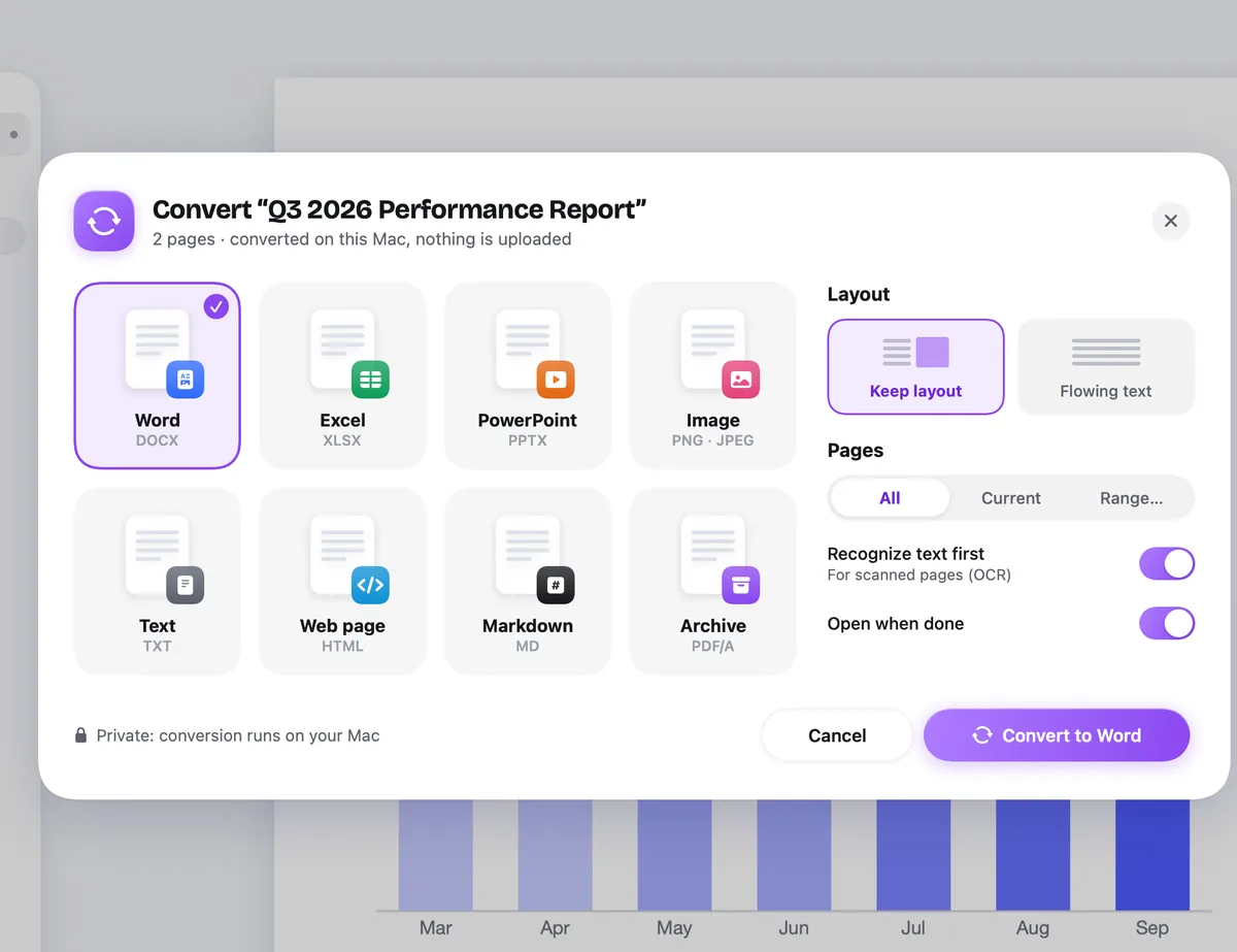 Design preview: the PDF Opus convert sheet with Word, Excel, PowerPoint, image, text, web page, Markdown and archive formats.