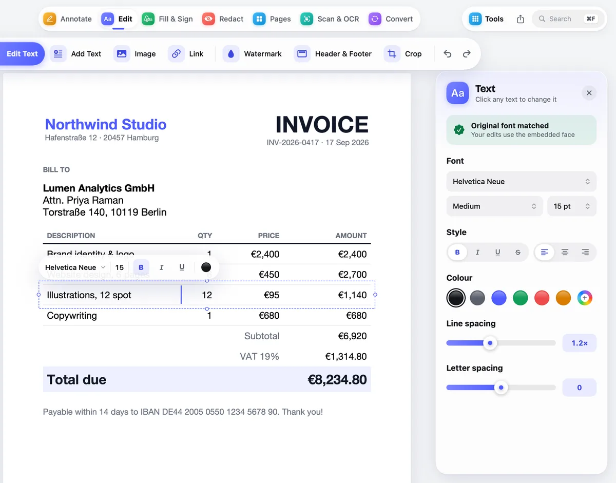 Design preview: PDF Opus editing a line of an invoice in place, with the font panel showing the original font matched.