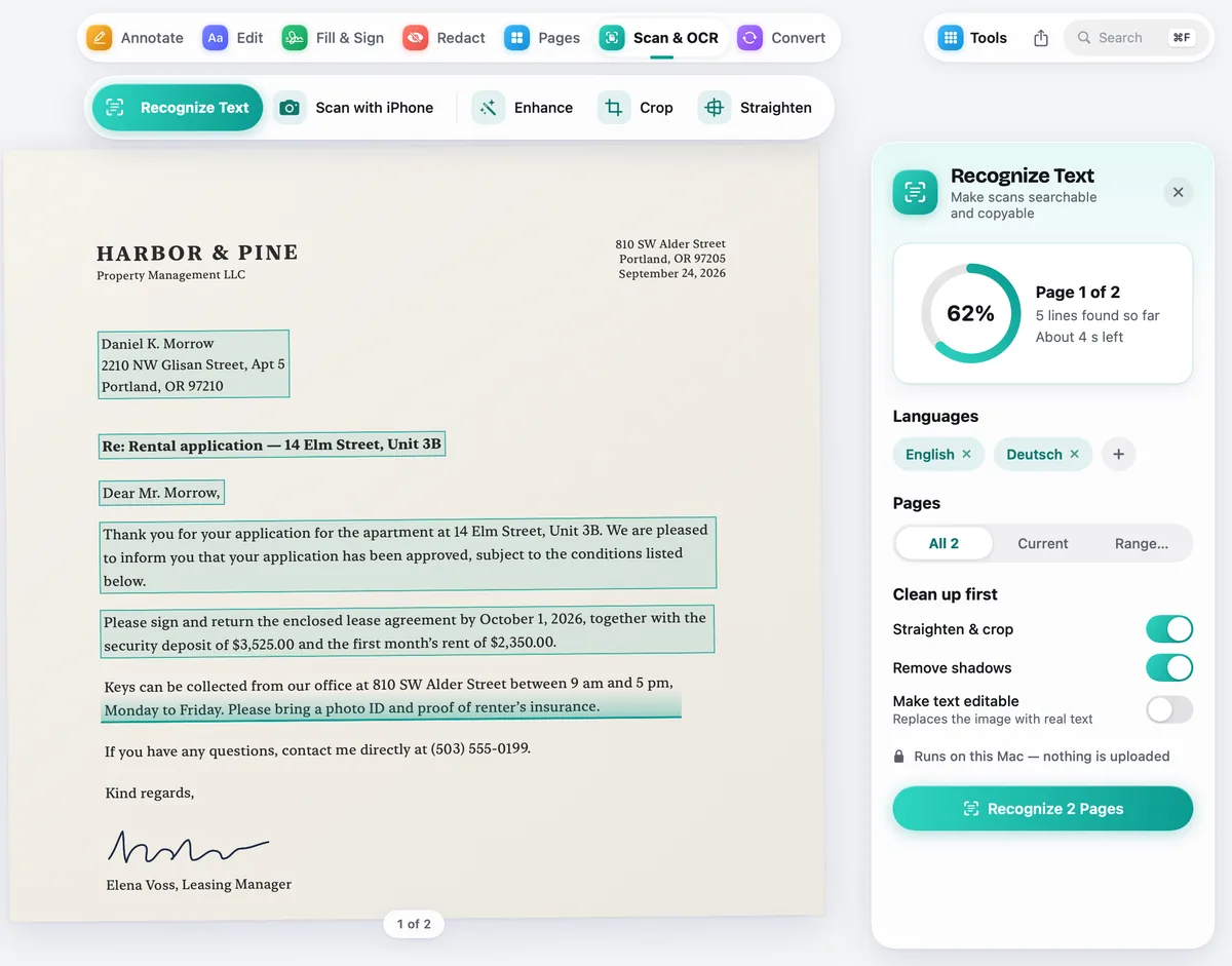 Design preview: a scanned letter being recognised in PDF Opus, with recognised lines highlighted and a progress ring at 62 percent.