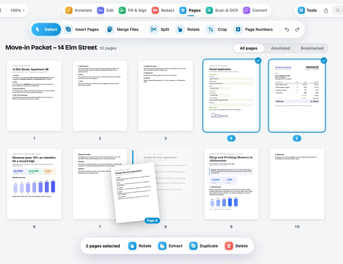 Design preview: the PDF Opus page organizer with ten page thumbnails, one page lifted mid-drag.