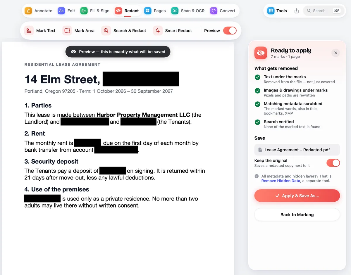 Design preview of PDF Opus redaction: a lease agreement with black bars over names and amounts, and a panel listing what gets removed from the file.