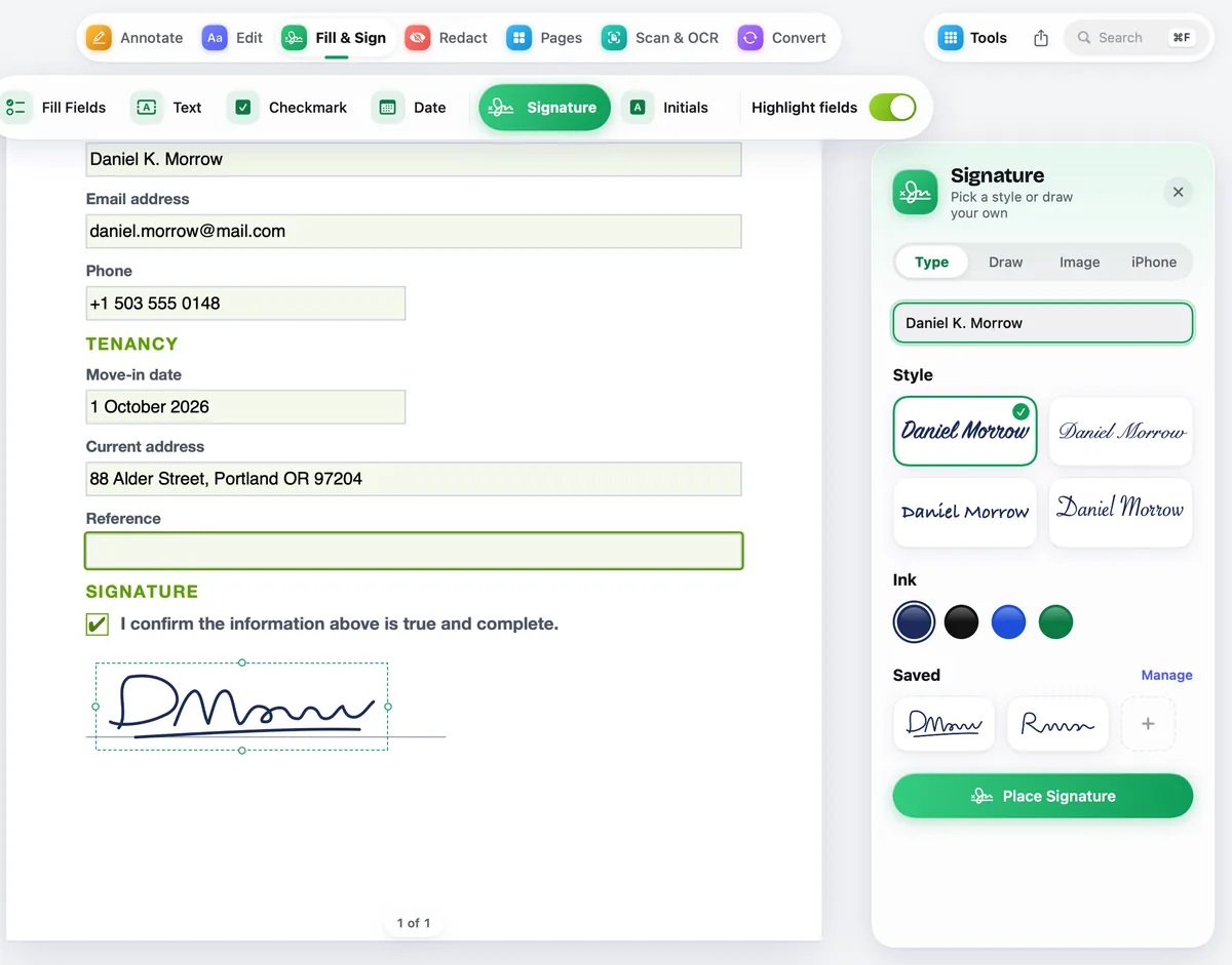 Design preview: a rental application form filled in PDF Opus, with a drawn signature and the signature panel showing saved signatures.